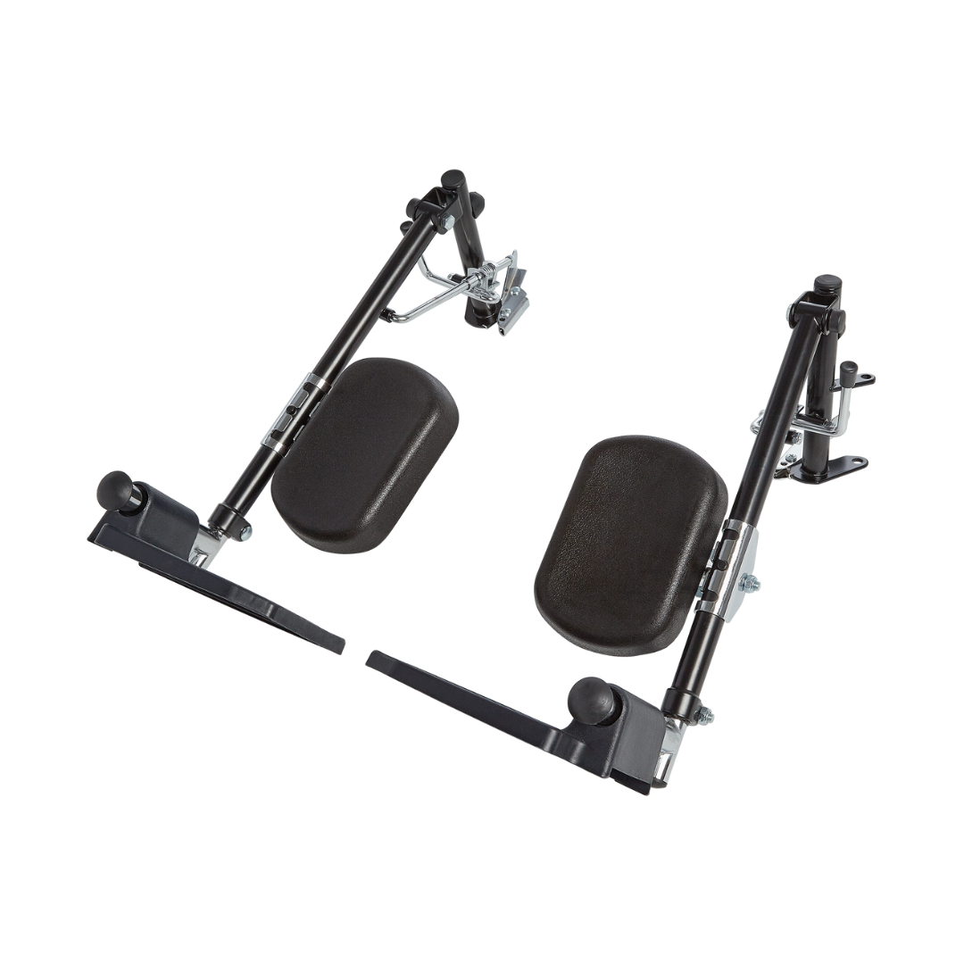 Circle Specialty ZIGGO Wheelchair Accessories: a pair of black swing-away elevating leg rests with padded calf supports, shown against a white background.